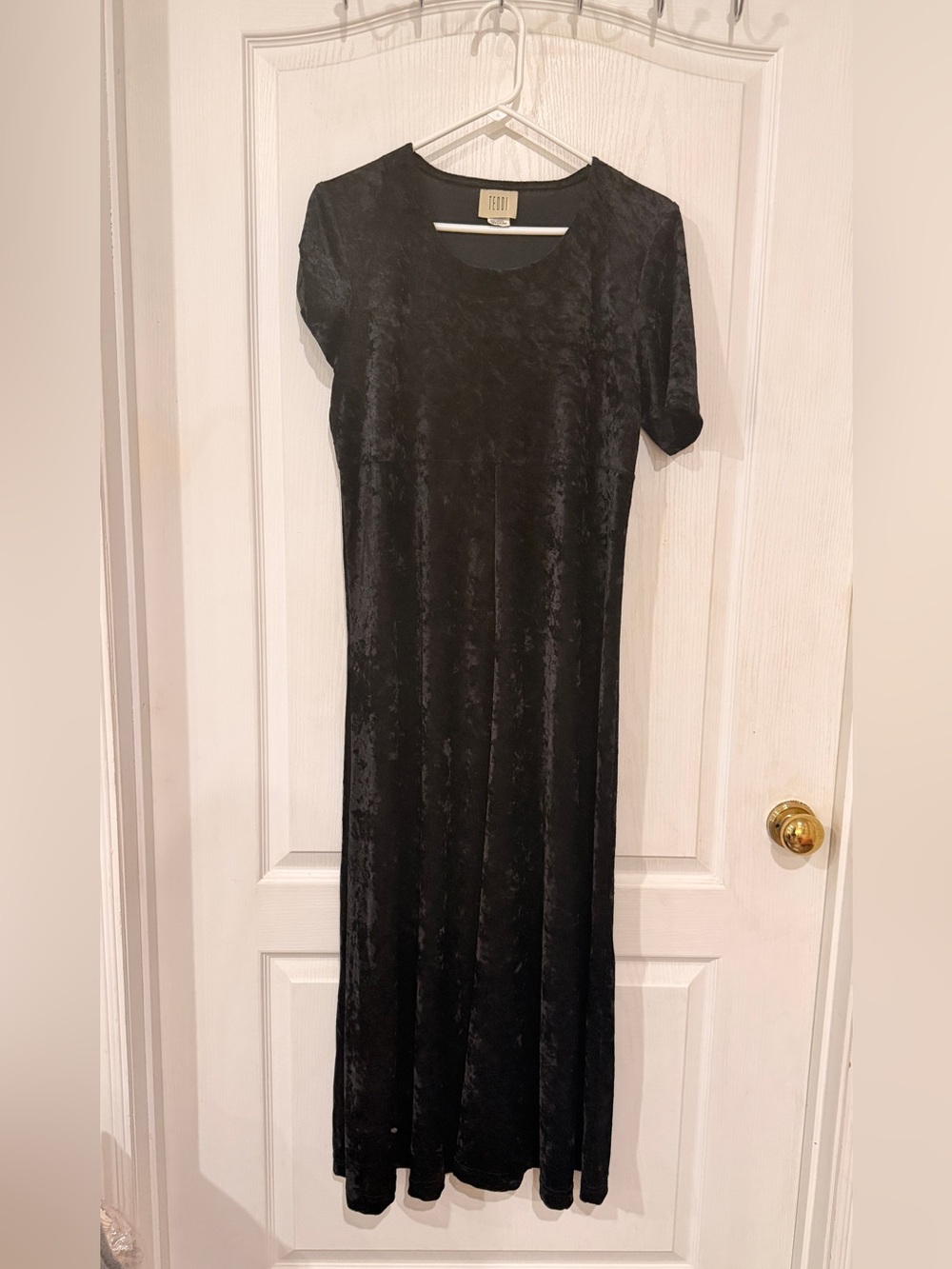 Vintage Teddi Black Crushed Velvet Short Sleeve Maxi Dress